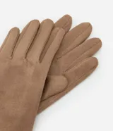 Guantes femeninos de diseño liso, confeccionados en poliéster con acabado tipo gamuza, sin puño y de corte clásico.