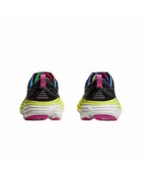 Championes de running Hoka Bondi 8 para mujer, color negro con detalles en amarillo, rosa y celeste. Capellada de malla técnica, entresuela de espuma ligera y suela de goma Durabrasion.