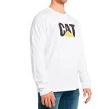 Remera blanca de manga larga con logo de Caterpillar estampado en el pecho en color negro y amarillo.