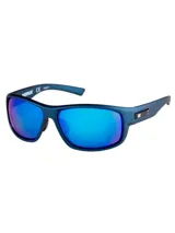 Lentes de sol Caterpillar modelo Cts Fused, de estilo deportivo y envolvente con armazón gris y cristales polarizados de color azul espejado. Cuentan con almohadillas nasales de goma ajustables y detalle de logo metálico en las patillas.