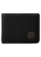 Billetera de cuero negro con costuras marrones a la vista y aplicación metálica circular con el logo de la marca en el frente.