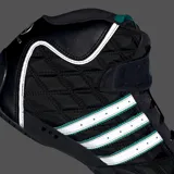 Championes Adidas Adiracer Hi, color negro con detalles en plateado y turquesa. Diseño acolchado con las tres tiras características de Adidas en plateado y turquesa, y cierre de velcro en el tobillo.