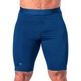 Calza corta de lycra azul con logo de la marca en la pierna izquierda.