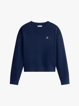 Buzo azul marino de corte clásico, con cuello redondo y logo bordado en el pecho.