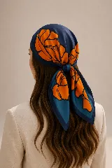Pañuelo cuadrado de satén con estampado floral en tonos naranja sobre fondo azul marino.