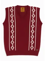 Chaleco de punto color bordó con cuello en V y diseño pampa en blanco a los costados.