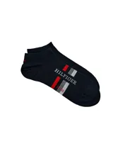 Pack de medias cortas tipo sneaker color azul marino con diseño de franjas y la palabra "Hilfiger" en el empeine.