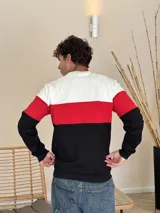 Buzo de cuello redondo con diseño de bloques de color horizontal en blanco, rojo y negro. Presenta mangas largas con puños elásticos y terminación en el ruedo con elástico.