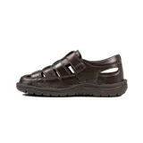 Sandalia casual de cuero para hombre, color marrón, con diseño de tiras cruzadas, aberturas laterales y cierre de velcro en el empeine. Suela texturizada para mayor tracción.