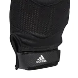 Guantes de entrenamiento Adidas negros con palma antideslizante, dorso de malla y cierre de velcro en la muñeca.
