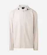 Campera deportiva masculina Get Over con capucha ajustable, cierre frontal completo, bolsillos laterales y recortes horizontales, confeccionada en poliéster tecnológico de color beige.