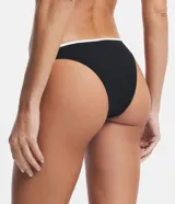 Bombacha de bikini negra con textura, lateral mediano y detalle de bies contrastante en color blanco en la cintura.
