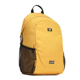 Mochila Caterpillar modelo Tokyo Urban Backpack, color mostaza, con compartimento principal acolchado para laptop de 15,6", correas de malla Airmesh ajustables y dos bolsillos laterales de malla.