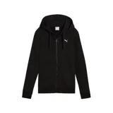 Campera deportiva Puma modelo Essentials Full Zip de color negro, con capucha, cierre frontal completo, bolsillos tipo canguro y el logo de la marca bordado en blanco en el pecho.