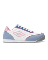 Championes urbanos Umbro modelo Lane Lady, color blanco con detalles en violeta y celeste. Presentan logo Umbro en el lateral y suela marrón.