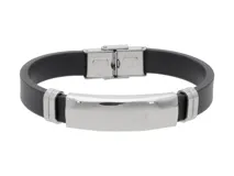 Pulsera de goma negra con placa central de acero inoxidable y cierre de hebilla.