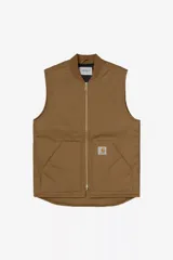 Chaleco de trabajo Carhartt WIP, color azul marino, con cierre frontal completo, cuello tipo bomber y bolsillos delanteros. Presenta el logo de la marca bordado en el pecho.