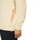 Buzo de cuello redondo en color beige, confeccionado en tejido polar fleece. Presenta un diseño minimalista con puños y cuello acanalados, destacando el logo de la marca estampado verticalmente en color naranja en el lateral inferior.