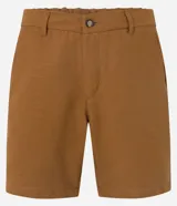 Bermuda masculina de corte recto color marrón, confeccionada en tejido de lino texturizado. Presenta cintura elástica con cordón de ajuste interior, cierre frontal con botón y cremallera, y bolsillos laterales.