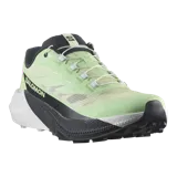 Championes de trail running Salomon Pulsar, color verde menta con entresuela combinada en blanco y negro, y cordones de ajuste rápido.