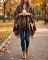 Poncho marrón con diseño estampado y detalles de flecos en el ruedo inferior.