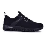 Championes deportivos Skechers modelo Glide-Step Gratify, color negro. Presentan una parte superior de malla técnica transpirable con refuerzos termofusibles, sistema de cordones elásticos y entresuela geométrica Glide-Step diseñada para mayor amortiguación y flexibilidad. Incluyen plantilla Air-Cooled Memory Foam y son fabricados con materiales 100% veganos.