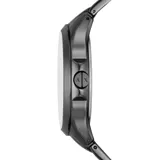 Reloj Armani Exchange modelo Hampton con caja y correa de acero color gris plomo, esfera negra con detalles en blanco y tres subesferas.