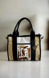 Cartera de cuero modelo Tali, de diseño estructurado que combina los colores blanco, negro y dorado, con detalles de arte pintado a mano en el frente. Cuenta con doble asa de mano, correa larga desmontable y herrajes metálicos.