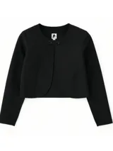 Blazer corto negro con cuello redondo, mangas largas y cierre frontal con dos botones.