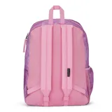 Mochila Jansport Cross Town color lila con estampado de flores y rayas horizontales. Tiene un compartimento principal grande, un bolsillo frontal con organizador interno, un bolsillo lateral para botella de agua, panel trasero acolchado y correas de hombro acolchadas.