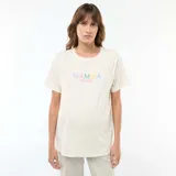 Camiseta de lactancia de manga corta color blanco marfil, con estampado frontal multicolor que dice "MAMMA POWER" en letras de distintos tonos.