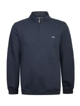 Buzo de tejido de punto color azul marino jaspeado, con cuello alto y cierre frontal parcial. Presenta un pequeño logo bordado en el pecho.