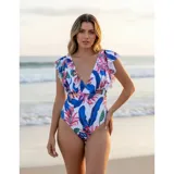 Malla enteriza de diseño estampado con motivos tropicales en tonos azul, fucsia y verde sobre fondo blanco, con escote en V y volados en las mangas.