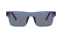 Lentes de sol rectangulares con montura de acetato azul y lentes grises.