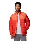 Campera acolchada Columbia modelo Powder Lite II, color rojo con diseño degradado. Cuenta con tecnología Omni-Heat para retención de calor, aislamiento sintético Thermarator, tejido resistente al agua Omni-Shield, cierre frontal completo, cuello alto con protector de barbilla, puños elásticos y bolsillos laterales con cierre.