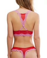 Bralette negro de malla transparente con ribete de encaje y espalda cruzada.