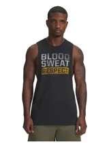 Musculosa deportiva negra con sisas amplias y cuello acanalado. Presenta un estampado frontal con el texto 'BLOOD SWEAT' en blanco y 'RESPECT' en amarillo sobre un recuadro del mismo color.