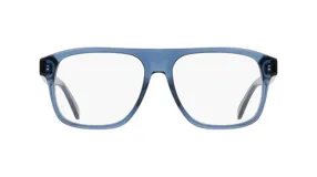 Anteojos de receta Ferragamo con armazón de acetato en color azul traslúcido y diseño de puente alto.