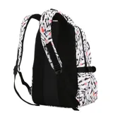 Mochila de poliéster con estampado de cactus y flores en tonos celeste, azul, blanco y rosa. Cuenta con bolsillos laterales, correas de compresión, compartimento para notebook y bolsillo frontal con cierre.