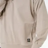 Buzo de algodón color beige con cierre frontal parcial en el cuello, mangas largas con puños elásticos y bolsillo frontal tipo canguro. Presenta un pequeño parche con logo en la parte inferior.