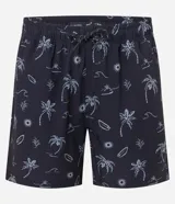 Bermuda de baño masculina de poliéster, color negro, con estampado repetitivo de palmeras y olas en tono claro. Presenta cintura elástica con cordón ajustable y bolsillos laterales.