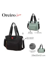 Cartera tipo bolso de la marca Las Oreiro, color verde agua, con correas negras estampadas con el logo de la marca. Cuenta con un bolsillo frontal con cierre, compartimento principal espacioso y correa larga ajustable y extraíble.