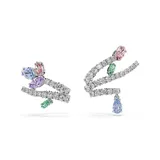 Set de caravanas ear cuff bañadas en rodio con diseño de ramo floral, decoradas con cristales transparentes y piedras de colores pastel en tallas mixtas.