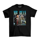 Remera negra de algodón con estampado gráfico frontal de Mr. Bean, su oso Teddy y su icónico auto Mini.