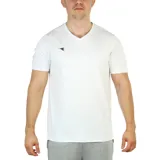 Remera deportiva Diadora de manga corta y cuello en V, color blanco, con el logo de la marca bordado en el pecho.