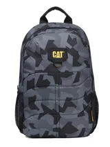 Mochila Caterpillar modelo Benson, con estampado geométrico en tonos grises y negros. Cuenta con compartimento principal con cierre, bolsillo frontal, bolsillos laterales de malla y logo de la marca en la parte superior.