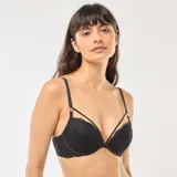 Sujetador push up de encaje negro con diseño de hojas, presenta tirantes dobles decorativos y aros para mayor soporte.