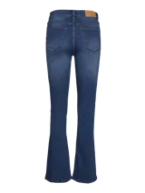 Jean flare de tiro alto, color azul oscuro, con cierre de botón y cremallera, y diseño elastizado de corte acampanado.