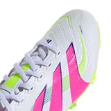 Championes de fútbol Adidas Predator League, unisex, color blanco con detalles en rosa, amarillo y celeste.