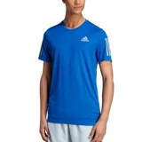 Remera deportiva Adidas Own The Run, color azul con logo blanco y tres tiras blancas en las mangas.